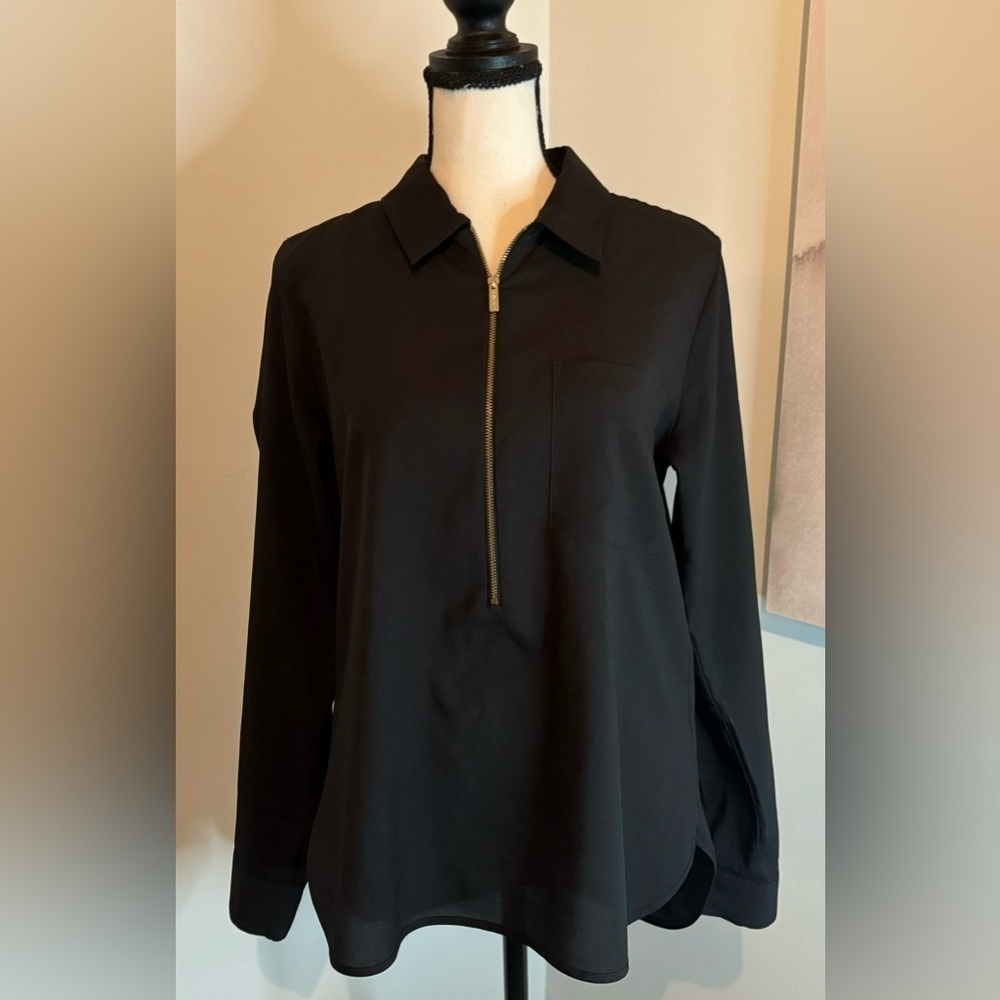 Calvin Klein Long Sleeve Blouse w/ Zipper Front and Roll up Sleeves Black Small - Picture 7 of 7